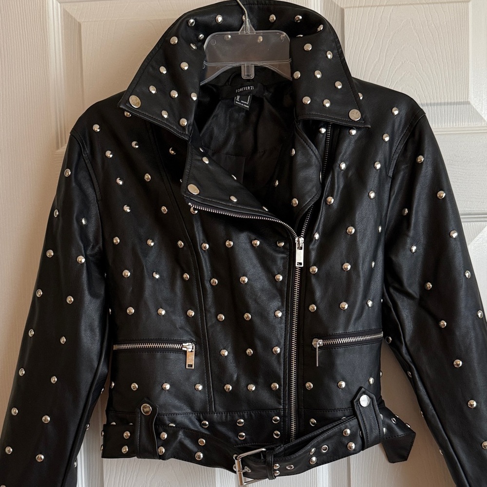 Forever 21 Black Studded Faux Leather Motorcycle Jacket